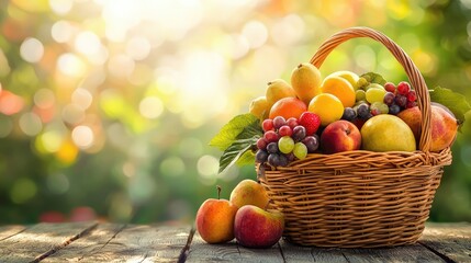 Colorful Fresh Fruit Basket on Rustic Table