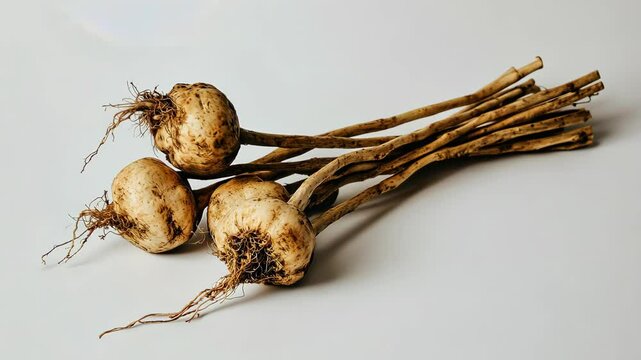 Three Maca roots lay on a white surface, showcasing their unique brown color and long, thin stems