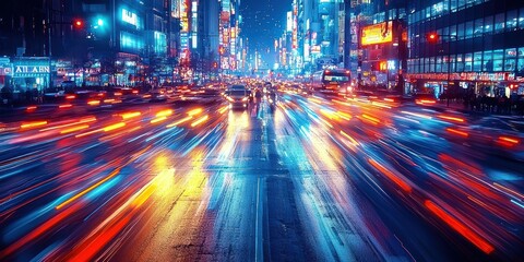 Obraz premium Nighttime Cityscape with Blurry Light Trails from Traffic
