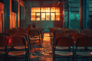 Fototapeta premium Abandon Empty classroom with desks, chairs arranged neatly and sunset light outside window. Dark and ominous atmosphere. Night class.