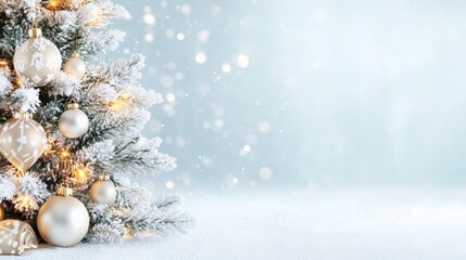 A beautifully decorated Christmas tree with white ornaments and fairy lights against a soft, snowy background.
