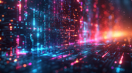 Naklejka premium Virtual Reality Environment with Floating Digital Elements and Neon Colors