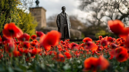 Memorial Day, a garden with thousands of red poppies in bloom, a bronze statue of a soldier stands proudly in the middle, Ai generated images