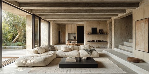 Modern Minimalist Living Room with Concrete Beams and Natural Textures