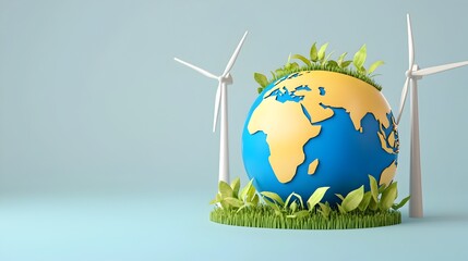 Naklejka premium Sustainable 3D Earth with Wind Turbines and Growing Plants Representing Environmental Care and Green Energy