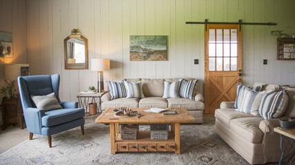 Fototapeta premium farmhouse living room A cozy living room with a blue armchair, two beige sofas, a wooden coffee table, and a sliding barn door.