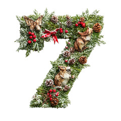 festive number seven decorated with pine branches, berries, and woodland animals, creating charming Christmas theme. This vibrant design evokes joyful holiday spirit
