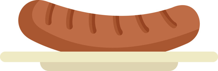 Grilled sausage lying on plate icon, flat style, isolated on white background