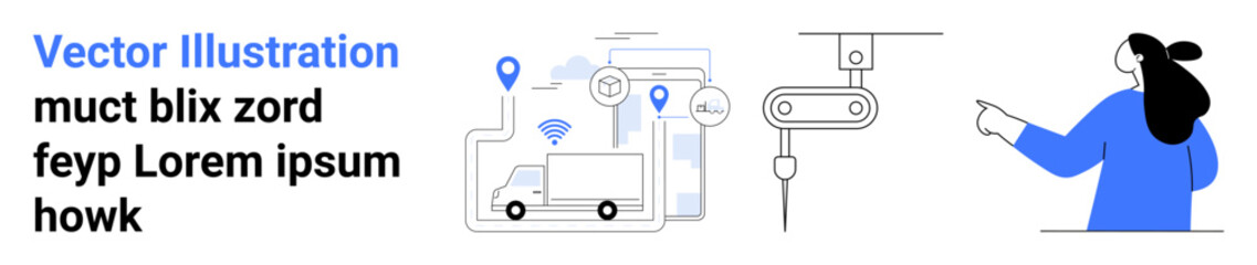 Woman pointing at supply chain elements like trucks, location pins, and automation icons. Ideal for logistics, supply chain, smart technology, automation, and transportation. Banner for landing page