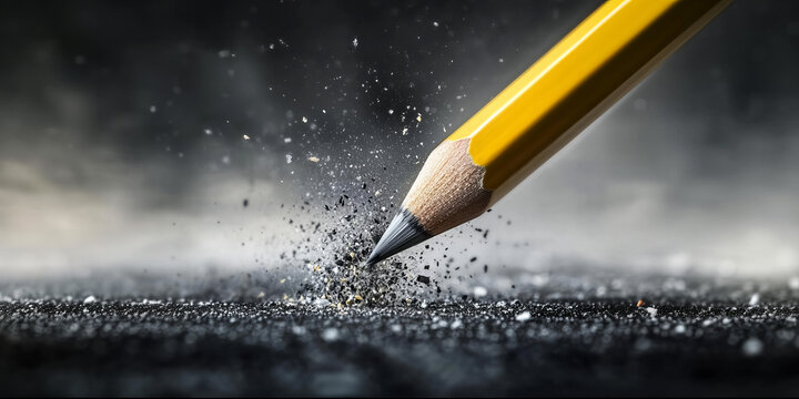 A close-up of a sharpened pencil creating a dust cloud on a black surface during an artistic drawing session