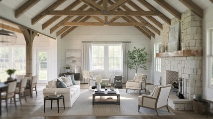 Fototapeta premium farmhouse living room A spacious living room with a fireplace, a large sofa and armchairs, a wooden coffee table, and a white rug.