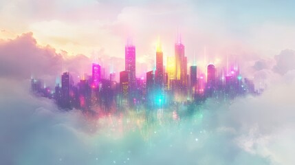 Fototapeta premium Floating City with Colorful Glowing Buildings