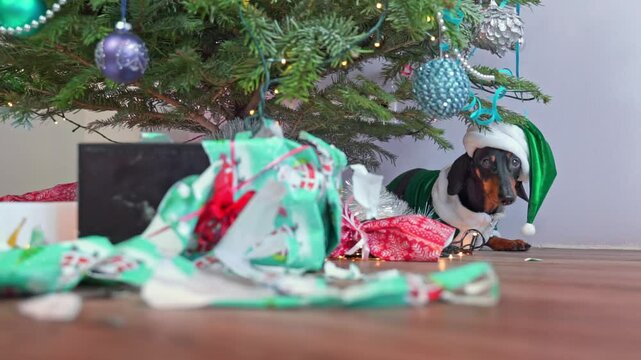 Dachshund dog in Santa hat sits warily under decorated tree spruce branch, afraid hiding from loud sounds of firecrackers, noise of party Christmas Eve, curious pet opened gift wrapping looks guiltily