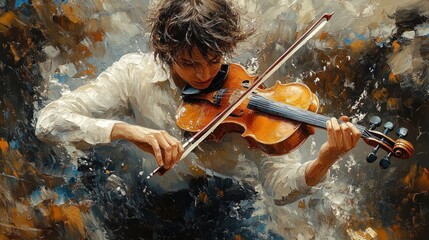 A 3D oil painting of a musician playing a violin, the strokes capturing the texture of the instrument and the emotion of the performance.