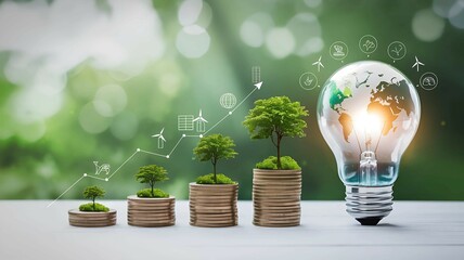 Growing plants in soil with glowing lightbulb and coins, illustrating the connection between renewable energy and green financial growth
