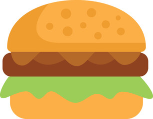 Simple flat design vector illustration of a hamburger showing a sesame seed bun, beef patty, lettuce and sauce