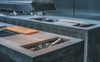 Industrial Kitchen Modern kitchen countertop with stainless steel elements and a built-in utensil holder.