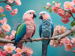 Obraz premium a professional shot of multicolored parrots with pastel hue, perch beak-to-beak on a branch close to each other - generated by ai