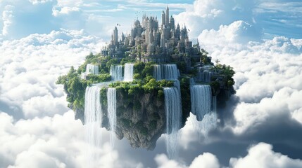 Floating City with Majestic Waterfalls in the Clouds