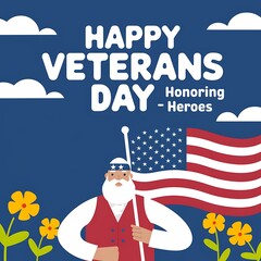 Fototapeta premium Happy Veterans Day Illustration with a Veteran Holding an American Flag