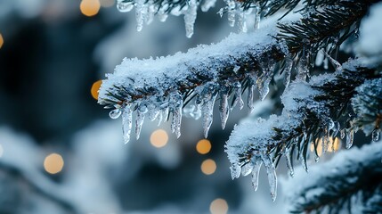Frozen Pine Branch with Icicles