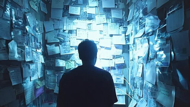 In a dark room filled with scattered papers and notes, an individual gazes thoughtfully at a bright light emanating from the center, reflecting intrigue and mystery