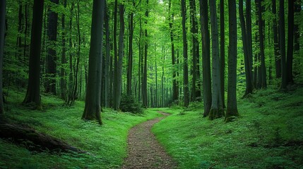 Obraz premium A green forest path surrounded by tall trees,