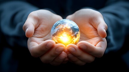 Fototapeta premium Glowing Earth cradled in hands lighting up the surrounding darkness symbolizing the concepts of global peace environmental care and worldwide unity