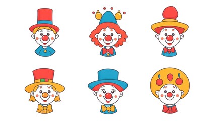 Fototapeta premium A vibrant set of 9 clown icons in a playful Korean style, featuring cartoon sketches with simple lines and flat illustrations. Each icon presents cute expressions with circular contours,