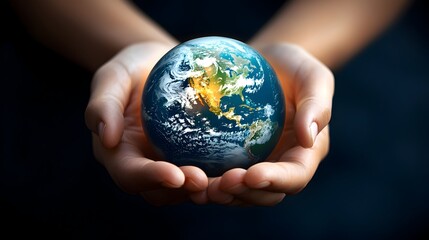 Fototapeta premium Hands tenderly cradling a glowing illuminated Earth symbolizing the responsibility to protect and preserve our planet through sustainable eco friendly practices and environmental stewardship