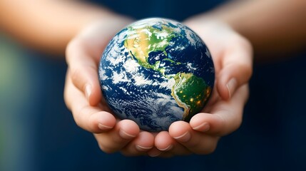 Fototapeta premium Hands carefully and reverently holding a glowing luminous sphere representing the planet Earth illuminating the surrounding darkness with a gentle radiant light that inspires wonder tranquility