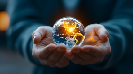Fototapeta premium Glowing Earth Globe Cradled Tenderly in Human Hands Casting Light into the Darkness and Symbolizing the Responsibility to Care for and Protect Our Shared Planet