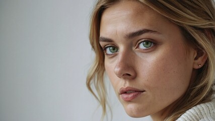 Fototapeta premium Close-up portrait of young woman with honey green eyes on isolated background