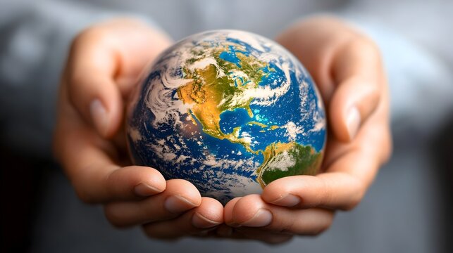 Caring hands gently embracing a softly illuminated globe of the Earth representing the concept of environmental care sustainability and the responsibility to protect and preserve our shared planet