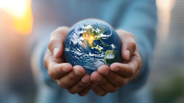 The image depicts a pair of hands gently embracing a glowing illuminated globe of the Earth softly lighting up the surrounding darkness  This symbolizes the idea of care responsibility