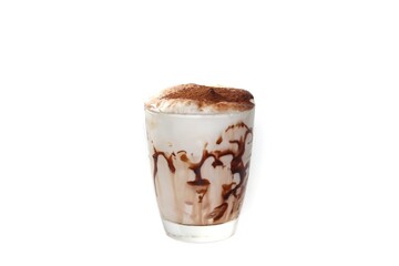 Latte ice coffee serving with milk foam topping in isolated concept.
