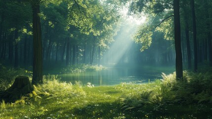 Obraz premium Lush green forest scene in a serene nature-inspired laptop wallpaper, perfect for a tranquil and calming ambiance.