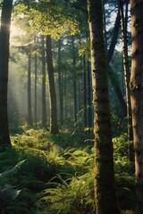 Obraz premium Tranquil forest with tall trees, sunlight filtering through canopy and ferns