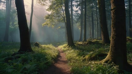 Fototapeta premium Misty forest scene with tall trees and moss-covered ground, serene atmosphere