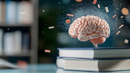 An brain with colorful swirling patterns floating above a pile of books symbolizing the fusion of creative expression and academic knowledge