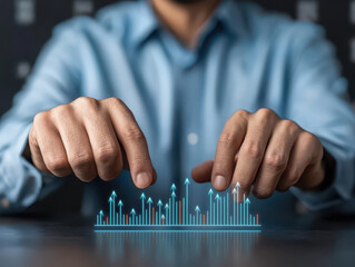 person in blue shirt interacts with holographic graph, symbolizing data analysis and growth. image conveys sense of innovation and technology