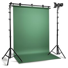 green screen backdrop with stand setup on an isolated pure white background ready for professional photo or video production media and graphic design content creation