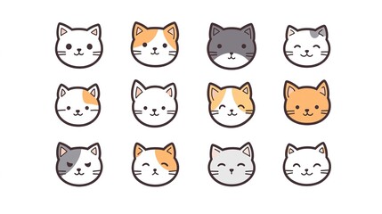 A delightful collection of 9 cute cat icons in a charming Korean style, featuring thick line strokes that create playful cartoon stick figures. Each icon showcases a unique expression and pose, 
