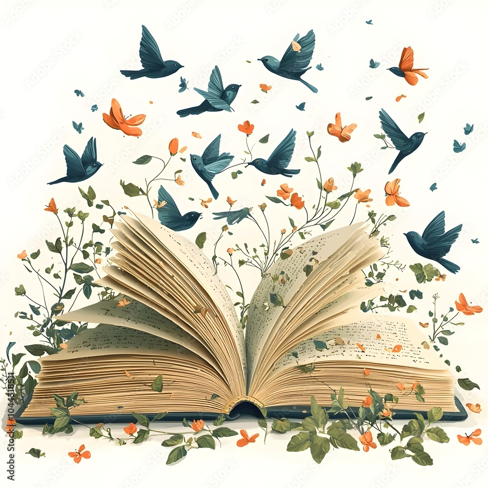 Poster Conceptual of a book transforming into a swarm of floating pages representing the idea of knowledge creativity and taking flight  Flat design style on a clean white background
