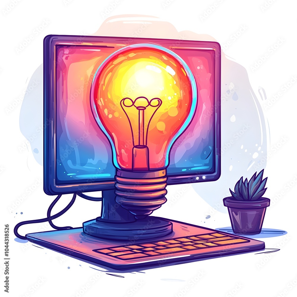 Poster of a lightbulb morphing or transforming into a computer depicting the creative technology concept of