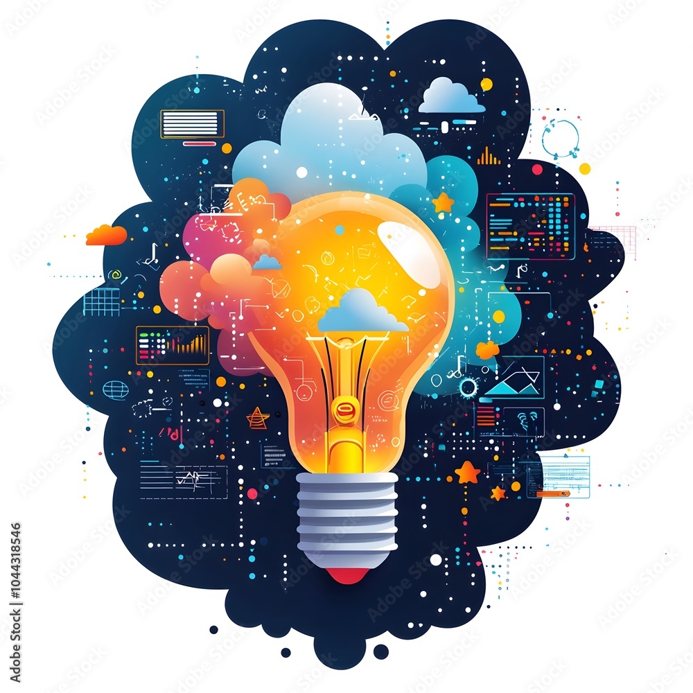 Poster of a lightbulb morphing into a computer representing the fusion of creative ideas and advanced techn