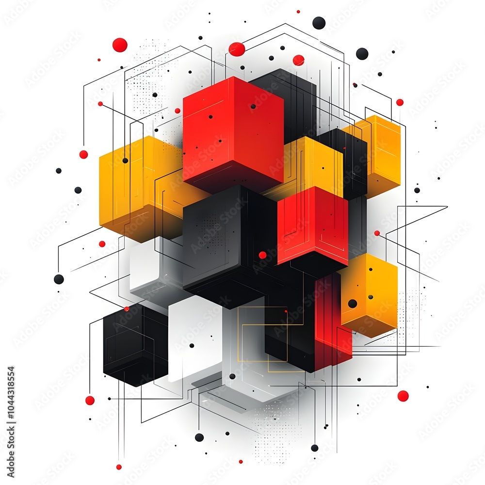 Poster geometric shapes transforming into dynamic abstract patterns on a clean minimal white background rep