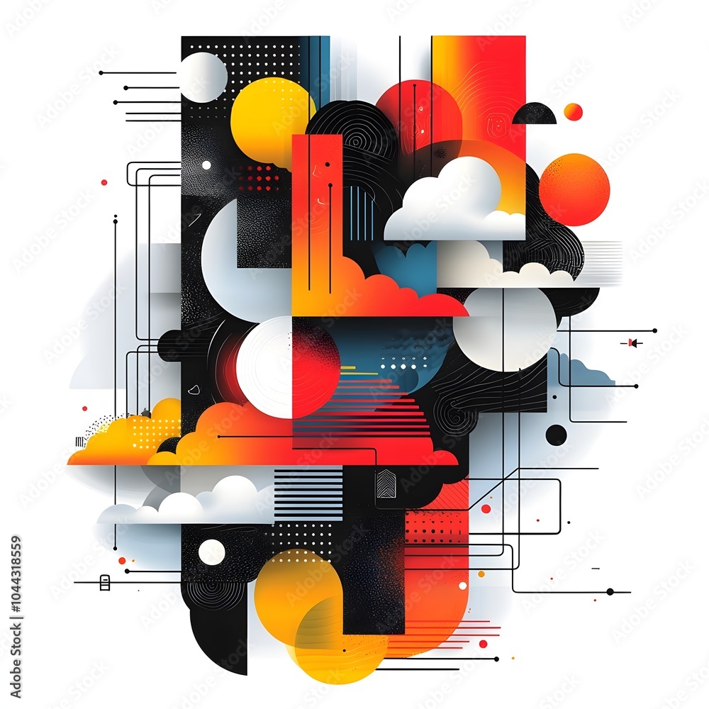 Poster abstract geometric shapes dynamically transforming into visually striking minimalist patterns evokin