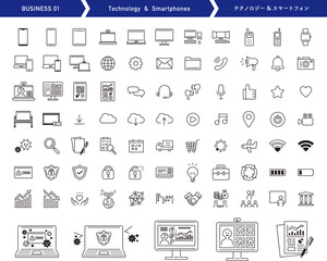 テクノロジーやスマートフォンに関するアイコンセット。線画のベクター素材。ビジネスやオフィス。 © sushi_love