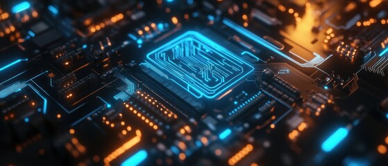 Obraz premium A close-up view of a futuristic circuit board with glowing elements and intricate details.